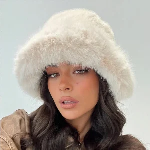 Women's Fuzzy Wide Brim Faux Fur Bucket Hat Winter Fluffy Warmer Fisherman Cap，Comfort Suitable for Fashionable Street Wear.