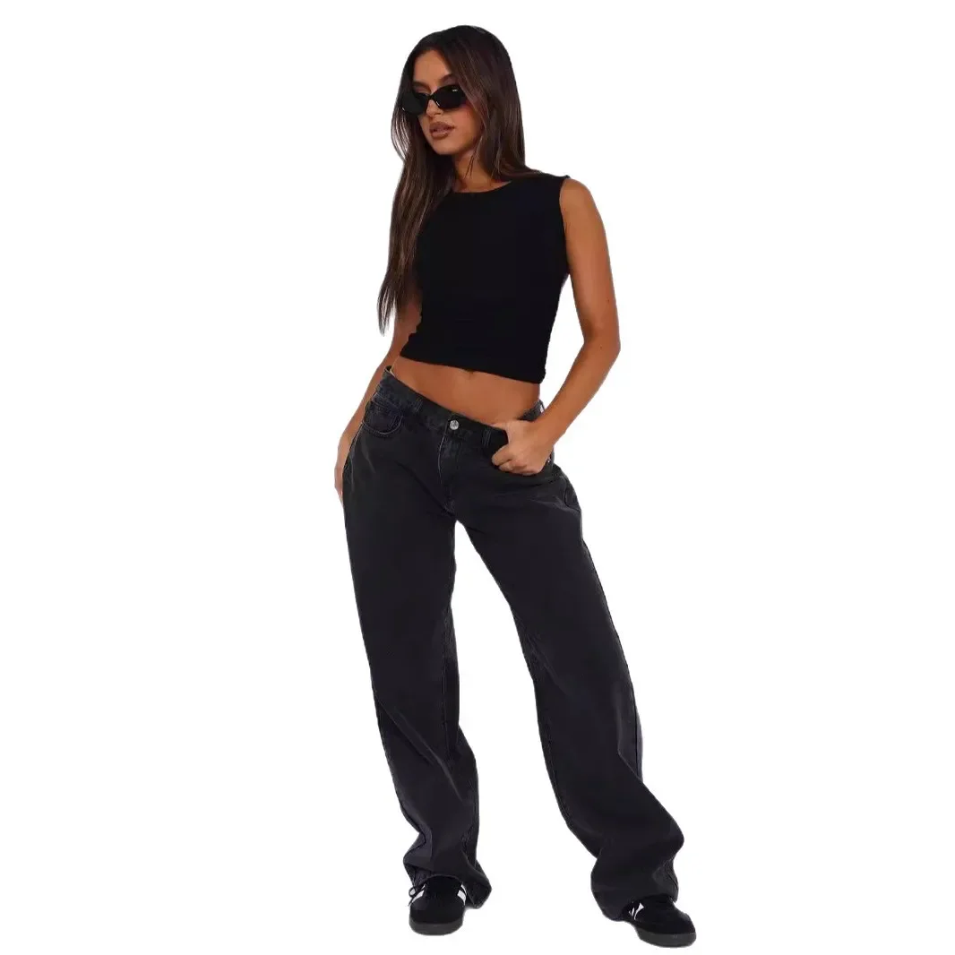 Summer Women's Pure Color Wide Leg Jeans High Waist Straight Leg Long Pants Trousers Large Version Slimming Effect - Ảnh 3