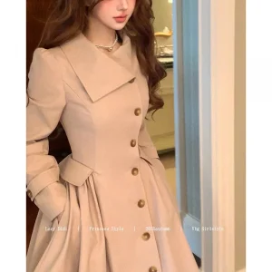 Women Korean Long Trench Coat Waist Defining Single Breasted Elegant Jacket Long Sleeve Spring Fall Pleated Draped Outwear