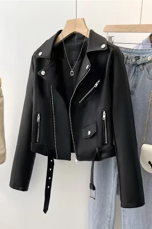 Spring and Autumn Women's Short American Retro Pu Motorcycle Leather Slim Jacket