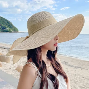 1Pc Women's Seaside Bow Beach Hat Oversize Straw Hat Women's Summer Sun Block Big Brim Hat Suitable For Sun Protection