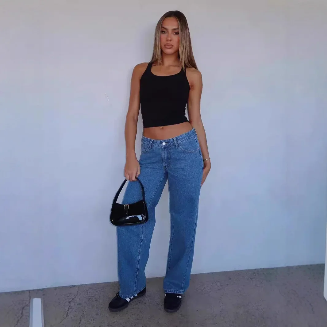 Summer Women's Pure Color Wide Leg Jeans High Waist Straight Leg Long Pants Trousers Large Version Slimming Effect - Ảnh 2