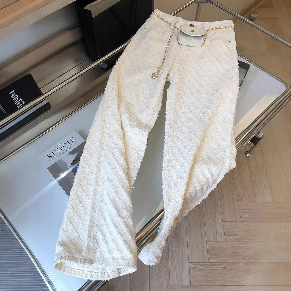 Slimming Straight Leg Plaid Denim Pants High Waist Wide Leg Floor-Length Women's Fashion Spring Summer Loose Fit Jeans