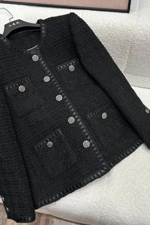 2025 fashionable and elegant round neck single-breasted light luxury socialite high-end temperament design tweed woven jacket