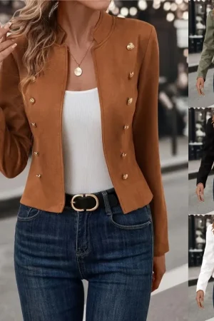 Women Jacket Stand Collar Long Sleeve Double Breasted Short Suit Coat Solid Color Business Outerwear