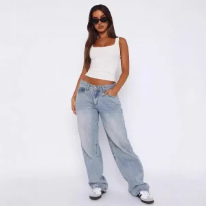 Summer Women's Pure Color Wide Leg Jeans High Waist Straight Leg Long Pants Trousers Large Version Slimming Effect
