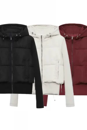 UNIZERA2025 autumn new women's casual fashion slim stretch fabric splicing cotton coat warm hooded cotton coat